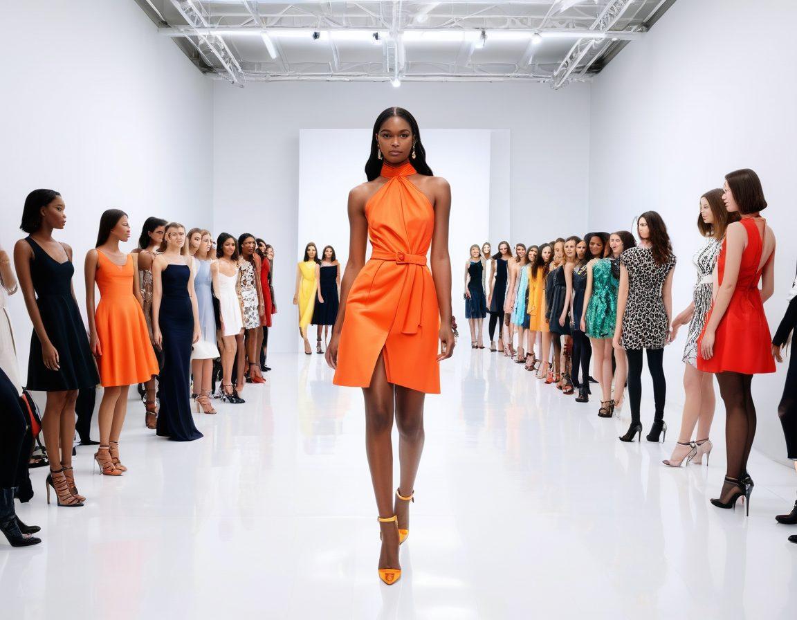 A glamorous fashion scene featuring a diverse group of aspiring models at a casting call, each showcasing unique styles and expressions. In the background, a chic runway setup is visible with elegant lights and fashionistas in awe. The atmosphere is filled with excitement and anticipation, symbolizing the journey from auditions to runway triumphs. Bright, vibrant colors bring the image to life, capturing the essence of the fashion industry. super-realistic. vibrant colors. white background.
