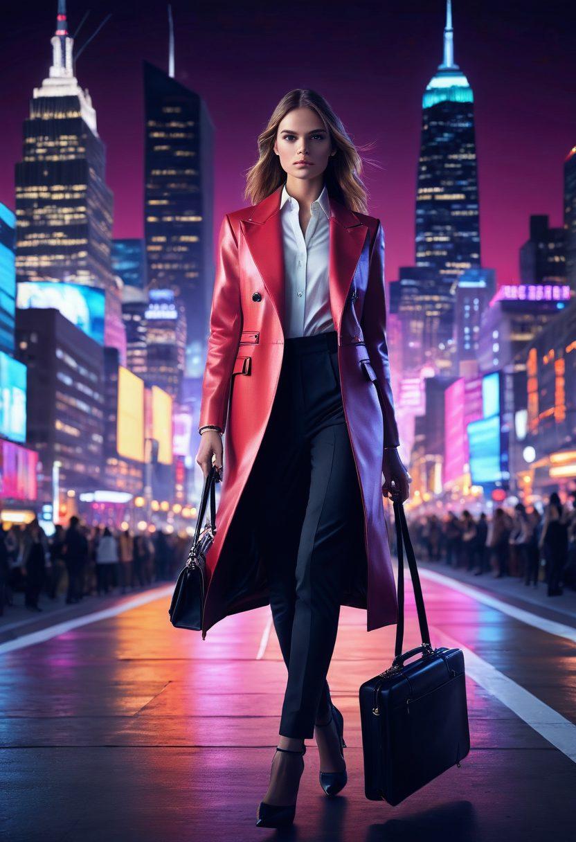 A stylish model confidently walking down a runway with colorful lights flashing, flanked by fashion industry professionals discussing on the sides. Include a briefcase with fashion sketches, and a backdrop of a bustling city skyline to signify opportunity. Bright colors and dynamic poses to convey energy and ambition. super-realistic. vibrant colors. 3D.