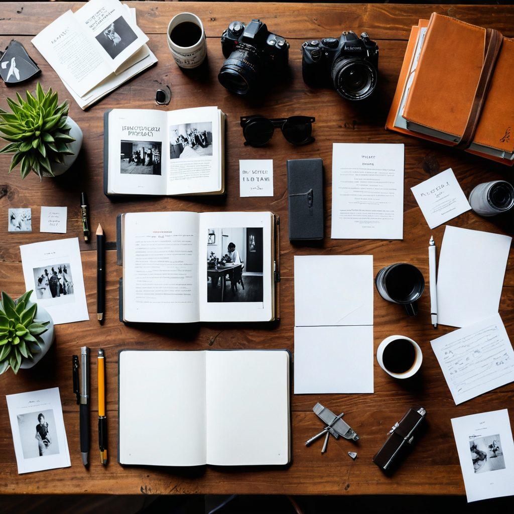 A creative workspace showcasing a beautiful model portfolio spread out on a wooden table, with elegant photographs of diverse models in stylish outfits, surrounded by artistic tools like a camera, sketchbook, and color swatches. Soft natural lighting enhances the visual appeal, reflecting a sense of professionalism and artistic flair. Engaging and inspirational elements in the background include mood boards and design books. super-realistic. vibrant colors. soft focus.